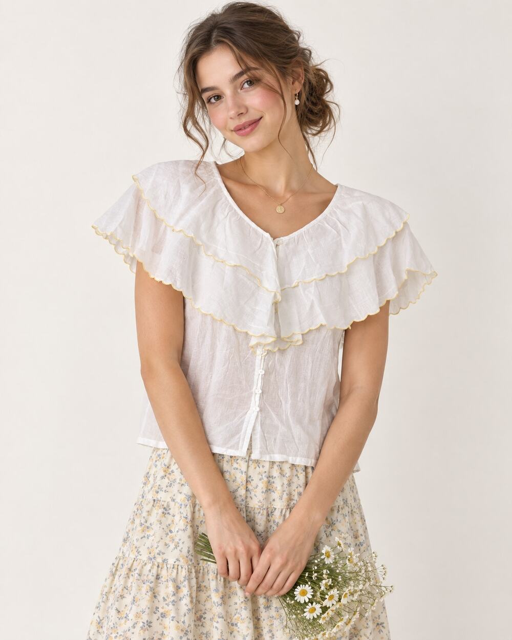 Vintage White Cotton Large Collar Blouse Women M Cottage Core Boho Peasant Fairy